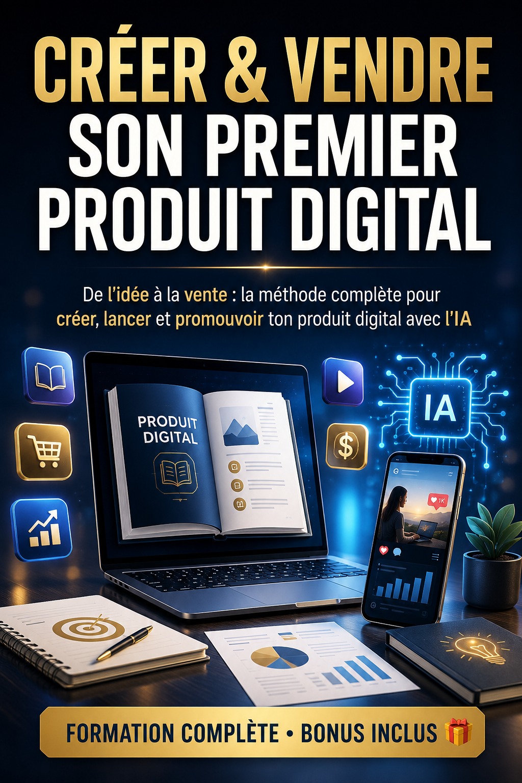 CRÉER & VENDRE SON PREMIER PRODUIT DIGITAL 🚀 De l’idée à la vente : la méthode complète pour créer, lancer et promouvoir ton produit digital avec l’IA.